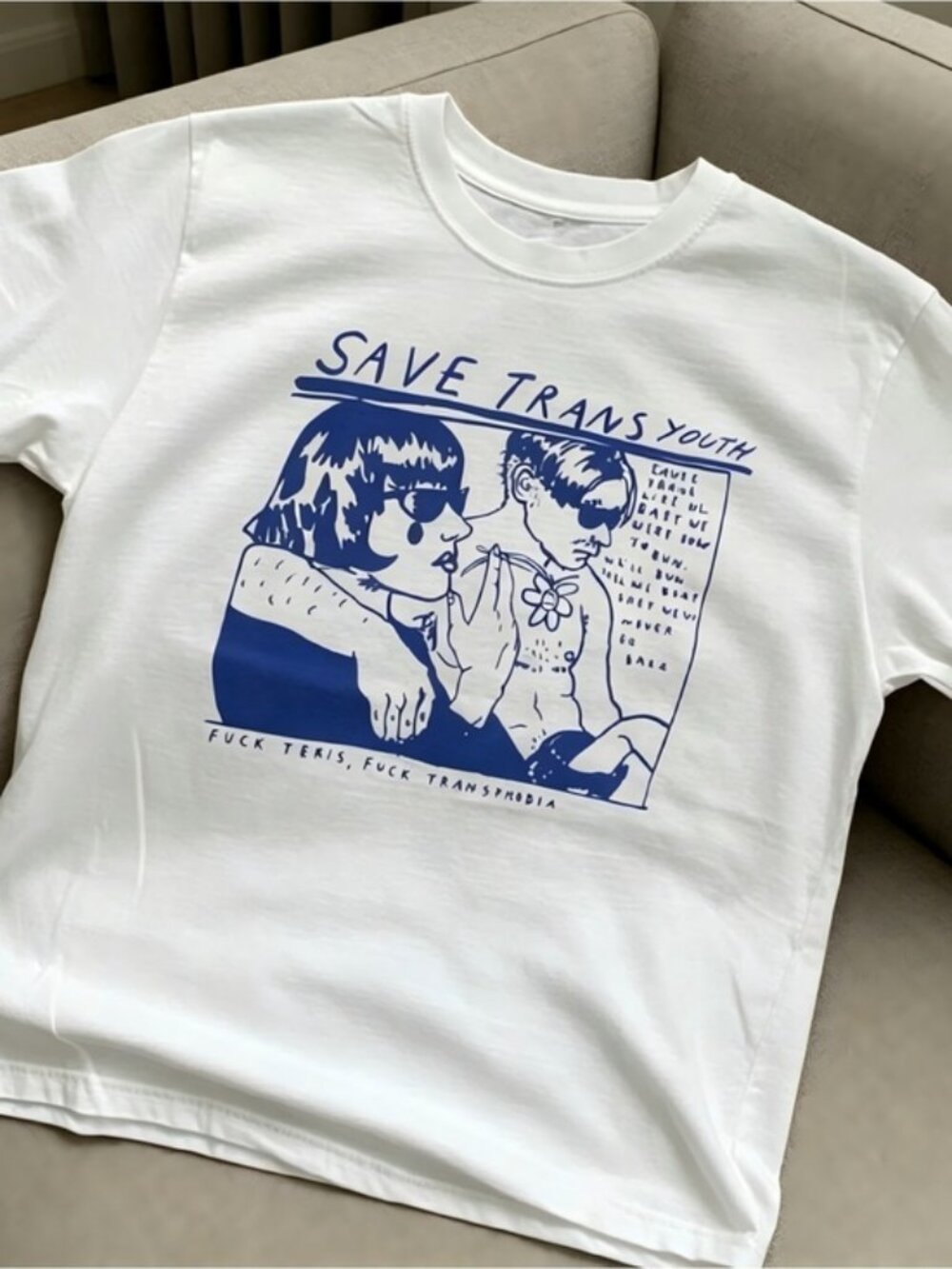 Save Trans Youth Blue Line Art Graphic White Women Men T-shirt unisex